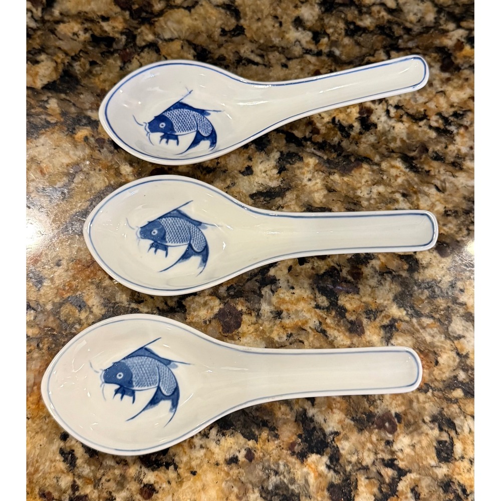 Chinese Soup Spoons Spoon Blue White Koi Fish Porcelain Set of 3